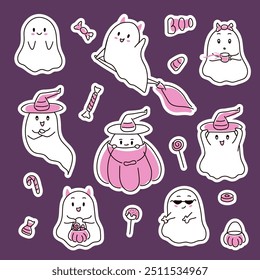 Halloween pink ghost set in line art style. Happy halloween spooky characters sticker, funny and scary creature with pumpkin. Vector illustration isolated on a white background.