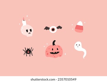 Halloween pink mini set. Hand-drawn cartoon illustration of magical elements in a simple naive style. Pastel limited palette for kids print