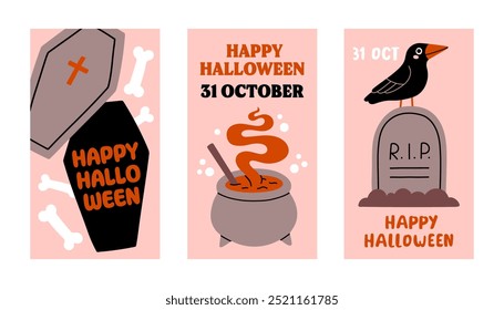 Conjunto de póster rosa de Halloween. Estilo plano de moda y personajes divertidos. Conjunto de póster de Vector lindo para postal, folleto, Anuncio