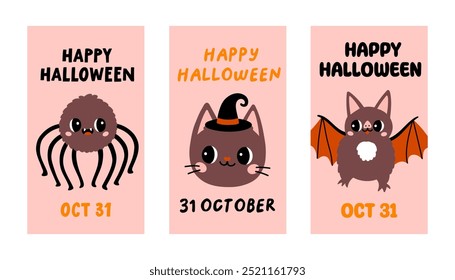 Halloween pink poster set. Trendy flat style and funny characters. Cute vector poster set for postcard, flyer, banner