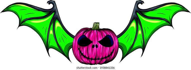 Halloween pink pumpkin with green bat wings vector illustration