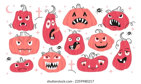 Halloween pink pumpkins set. Pink pumpkin with different emotions. Collection of stickers for holiday Halloween. Cute and scary faces. Vector flat illustration.