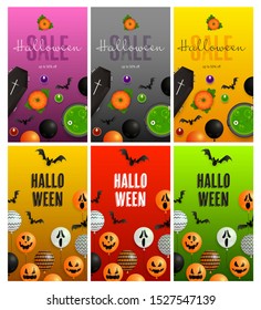 Halloween pink, red, green banner set with coffin, balloons. Halloween, October, trick or treat. Lettering can be used for greeting cards, invitations, announcements