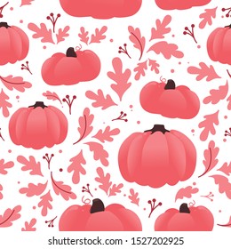 Halloween pink seamless vector pattern pumpkins and leaf. Textille modern pattern for girl