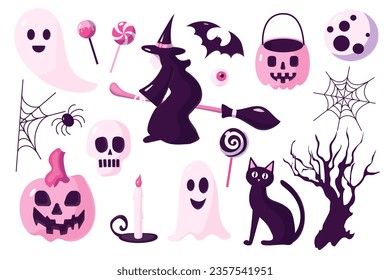 Halloween pink set with witch, ghost, scull, pumpkin, web, spider, cat, moon, bat, tree, lollipop