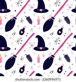 Halloween pinky colors seamless pattern. Vector witch broom and witch hat pattern