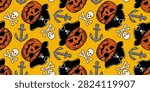 Halloween pirate pumpkin seamless pattern with skulls crossbones and anchors on yellow background. Seamless pattern of Halloween jack-o-lantern pumpkins wearing pirate hats and eye patches. Engraving style background with skulls, crossbones and ship anchors on bright yellow backdrop.
