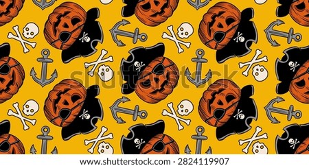 Halloween pirate pumpkin seamless pattern with skulls crossbones and anchors on yellow background. Seamless pattern of Halloween jack-o-lantern pumpkins wearing pirate hats and eye patches. Engraving style background with skulls, crossbones and ship anchors on bright yellow backdrop.