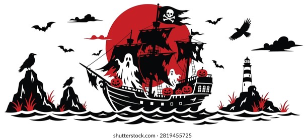 Halloween pirate ship with ghosts and pumpkins, red full moon, lighthouse, bats and ravens, spooky nautical scene for holiday decoration, vector illustration