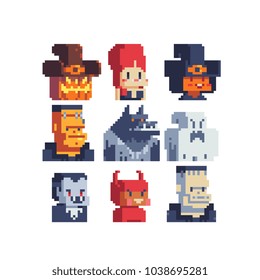 Halloween pixel art avatar set, costume party characters, sticker design, isolated vector illustration, 8-bit video game sprite.