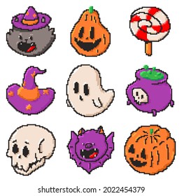 Halloween pixel art characters vector set isolated on a white background.