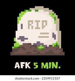 Halloween Pixel Art Gravestone Print mit Angebot AFK 5 Minuten für Retro Gaming Event, Halloween Party Muster oder Video Game Design. AFK-Bildschirm für Halloween Jahreszeit.