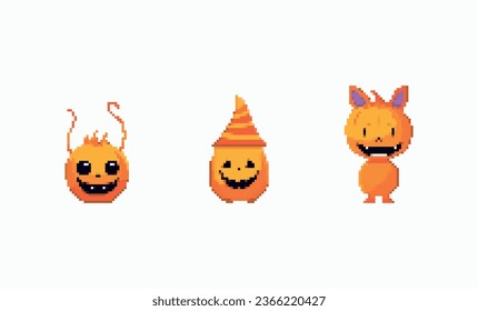 Halloween pixel art monster characters, spooky pumpkins with hat and hands, vector icon. Video game decoration sprite for spooky holiday, 8 bit or 16 bit retro isolated image, illustration