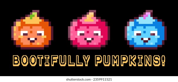 Halloween Pixel Art Print with Joke Quote for Retro Gaming Event, Halloween Party Pattern or 90s Video Game Design. Text - Trick or Treat, Run or Hit, Sprite or Bit.