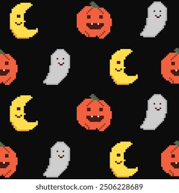 Halloween, pixel art. seamless pattern with pumpkins, ghosts, and the moon,repeating background for embroidery and knitting,Seamless knitting pattern. High quality