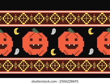 Halloween, pixel art. seamless pattern with pumpkins, ghosts, and the moon,repeating background for embroidery and knitting,Seamless knitting pattern. High quality