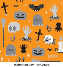 Halloween pixel art seamless vector pattern 