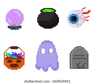 Halloween pixel art. Set of icons. Magic ball, cauldron with potion, scary eye, ghost, candy, pumpkin, grave. Isolated background, vector illustration