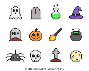 halloween pixel art set icons, vintage, 8 bit, 80s, 90s games, computer arcade game items, ghost, grave, poison, witch hat, pumpkin, broom, cauldron, spider, skull, moon, vector illustration