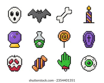 halloween pixel art set icons, vintage, 8 bit, 80s, 90s games, computer arcade game items, ghost, bat, bone, candle, magic ball, poison, lollipop, apple, candy, zombie hand, eye, vector illustration