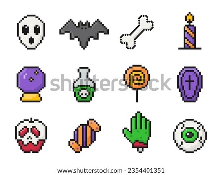 halloween pixel art set icons, vintage, 8 bit, 80s, 90s games, computer arcade game items, ghost, bat, bone, candle, magic ball, poison, lollipop, apple, candy, zombie hand, eye, vector illustration