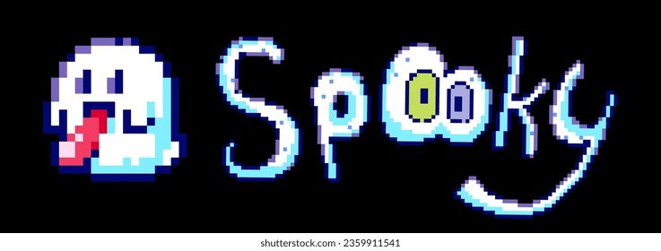 Halloween Pixel Art Spooky Print with Ghosts for Retro Gaming Event, Halloween Party Pattern or 90s Video Game Design. Cute Funny Spirit with Spooky Text.