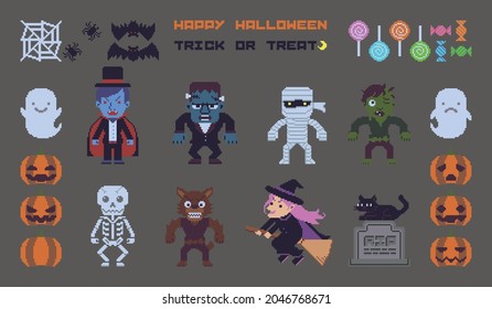 Halloween pixel art vector illustration of pumpkin, ghost, frankenstein, mummy, zombie, black cat, vampire, skeleton, werewolf, witch, spider, bat, halloween candy