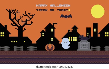 Halloween pixel art vector illustration of background, pumpkin, ghost, black cat, bat, grave