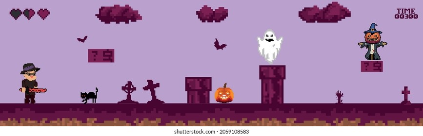Halloween pixel game. Panorama. Retro art games. 8-16 bit pixel platformer game resource. Vector illustration