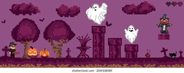 Halloween pixel game. Panorama. Retro art games. 8-16 bit pixel platformer game resource. Vector illustration