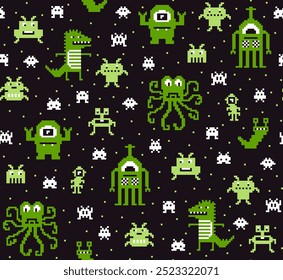 Halloween pixel monstros neon verde Vetor padrão. Monstros loucos engraçados de 8 bits em verde neon e preto, polvo pixel, robô pixel, alienígena pixel, crocodilo, sapo, bug.
