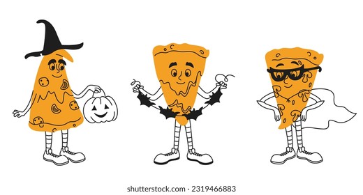 Halloween pizza slices. Set of characters in doodle style.