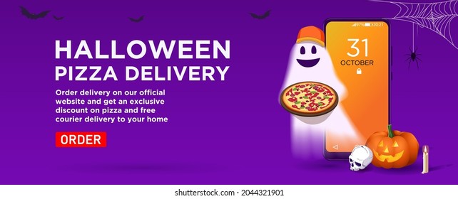 Halloween Pizzeria Delivery Service Ad Banner Design. Ghost Courier With Pizza In A Cap By The Phone And A Pumpkin Lantern. Order A Purchase In The Online Store At Home. Sales Concept. Vector 