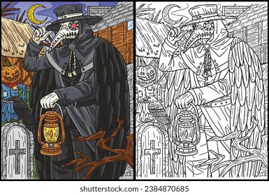 Halloween Plague Doctor Coloring Page Illustration