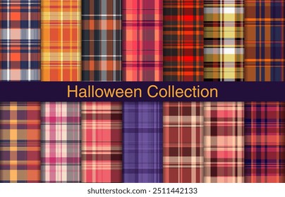 Paquetes a cuadros de Halloween, diseño textil, patrón de tela a cuadros para camisa, vestido, traje, impresión de papel de embalaje, invitación y Tarjeta de regalo.