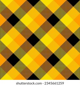 Patten sin fisuras de Halloween Plaid. Vector de otoño a cuadros negro, naranja y amarillo de fondo texturado. Impresión de tela diagonal tradicional. Textura de araña de caída para moda, impresión, diseño.