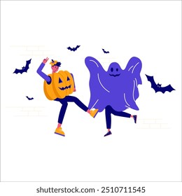 Halloween with a playful illustration featuring a person wearing a pumpkin head costume and dancing joyously next to a friendly ghost figure. The background is adorned with flying bats  