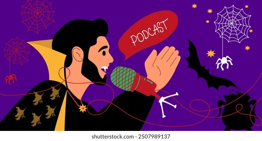 Concepto de Podcast de Halloween. Herramienta de medios, micrófono y burbuja de discurso. Podcaster masculino con disfraz de vampiro hablando con el micrófono, locutor en el espacio de trabajo. Ilustración vectorial.