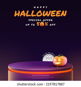 Halloween podium background, close up purple podium with pumpkin funny face for product display, Vector illustration