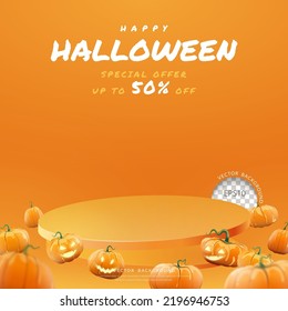 Fondo del podio de Halloween con calabaza y podio flotando para la visualización del producto, ilustración del vector