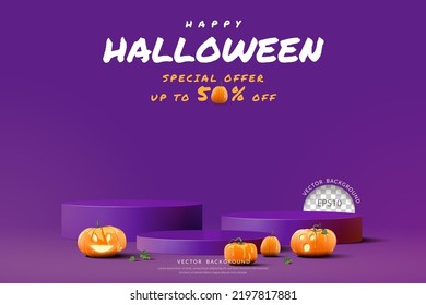 Halloween podium background, purple podium three step with pumpkin funny face for product display, Vector illustration