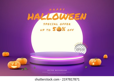 Halloween Podium Concept, Cylinder Podium With White Neon On Moon Background. For Product Display, Vector Illustration
