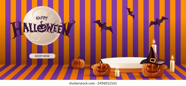 Halloween podium concept, cylinder podium with white on moon background. for product display, Vector illustration