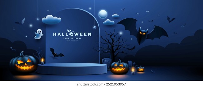 Halloween podium cor azul escura, voo de morcego, abóbora, fantasma, vela, design de banner na nuvem e lua fundo azul escuro, Eps 10 ilustração vetor