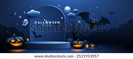 Halloween podium dark blue color, bat flying, pumpkin, ghost, candle, banner design on cloud and moon dark blue background, Eps 10 vector illustration