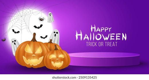 Halloween podium to display your product. Emotional cartoon 3D pumpkins with evil smile and glowing eyes against the full moon. Flying Ghosts with Bats. Holiday 3d scene design. Vector illustration.