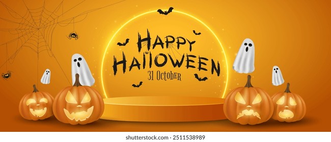 Halloween Podium mit leuchtendem Bogen, um Ihr Produkt anzuzeigen. Kürbisse mit fliegenden Geistern und Fledermäusen auf orangefarbenem Hintergrund. Feiertage 3d Szene. Vektorgrafik.