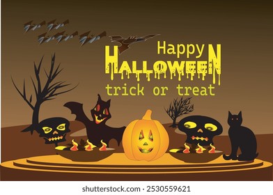 Halloween podium gradient color, ghost, bat flying, banner design on dark background with vector illustration