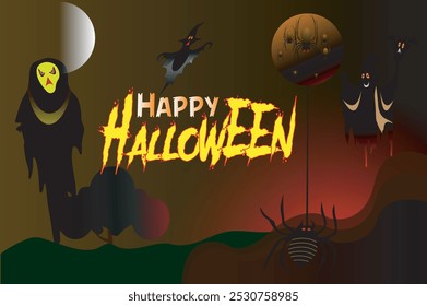 cor gradiente do pódio de Halloween, fantasma, voar de morcego, design de banner no fundo escuro com ilustração vetorial