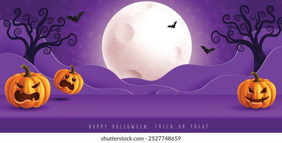 Halloween podium corte papel vetor banner design. Feliz palco de pódio violeta de Halloween com lua cheia, personagem de abóboras e fundo padrão para truque ou tratar design de festa. Ilustração vetorial